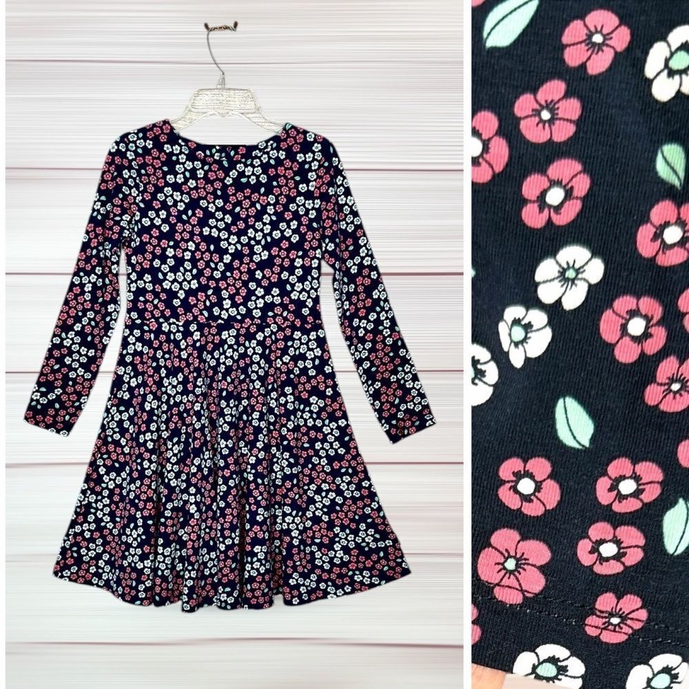 Polarn O. Pyret Fit & Flare Dress Cotton Jersey Navy Floral Long Sleeve 8-10 yrs